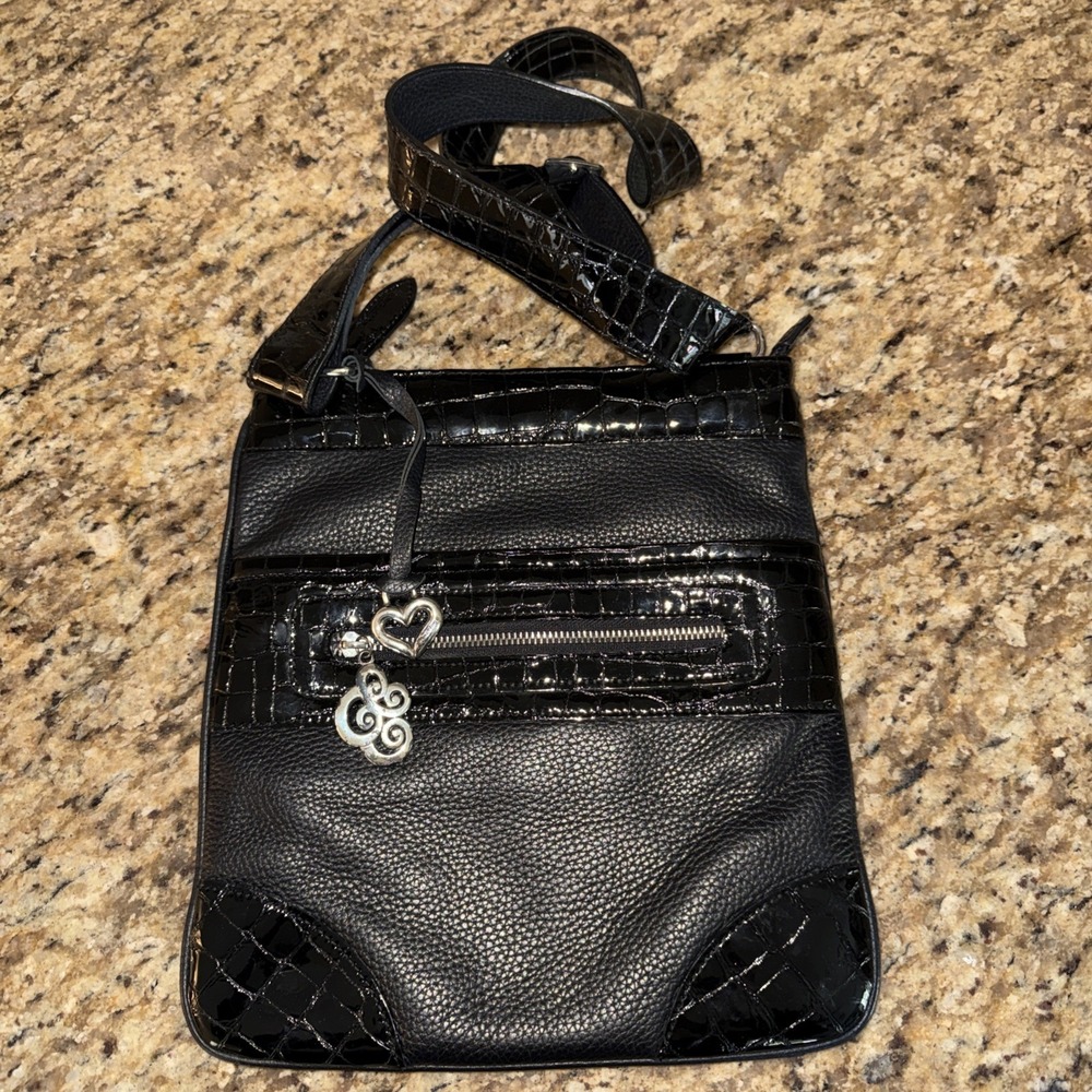 Brighton Purse Black Pebbled Leather Croc Embossed Details Cross Body Messenger